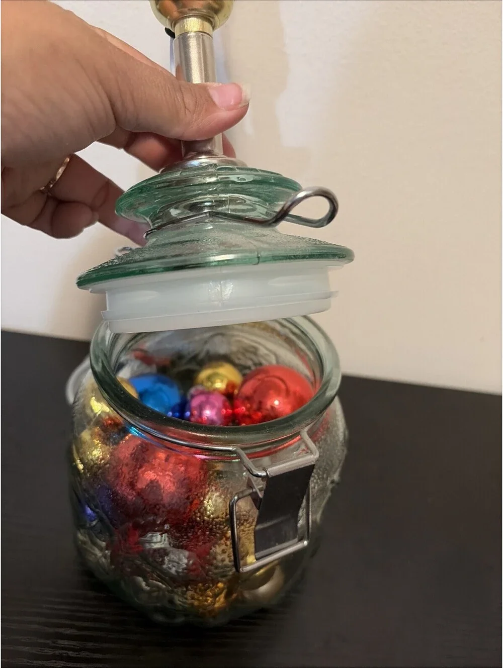 Aqua Clear Jar With Latch Filled With Christmas Bulbs Lamp Works